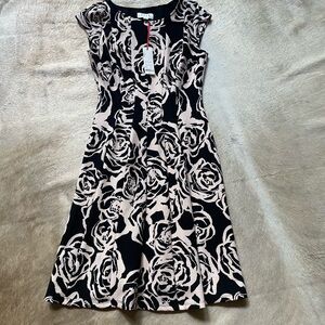 NWT Elle Black and Cream Rose Midi Dress